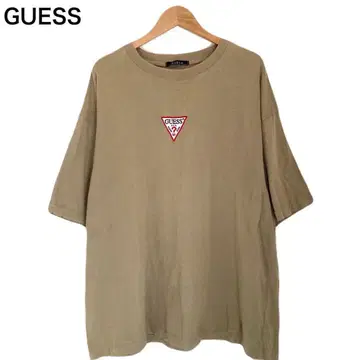 게스 티셔츠 반팔 베이지 로고 원포인트 미국 자수 코튼 M