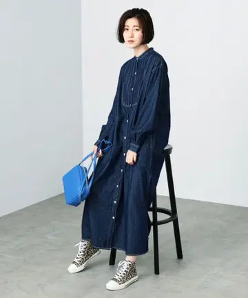 SOMETHING 밴드 카라 데님 셔츠 원피스