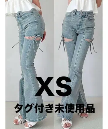RESEXXY 컷 아웃 리본 데님 팬츠 XS 아이스 블루 택 포함