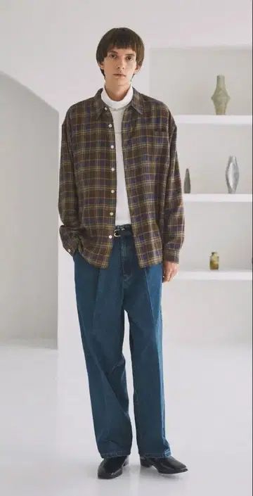브라운 계열 체크 무늬 플란넬 셔츠 L 사이즈