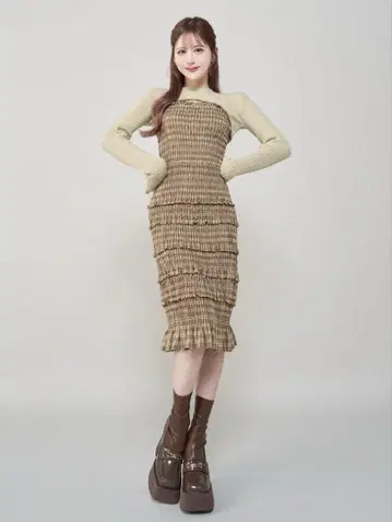 Darich 니트 레이어드 체크 미디 원피스 베이지 다리치