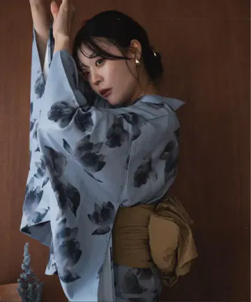 오리지널 패턴 유카타 세트 파란색 유카타 베이지 오비 포함