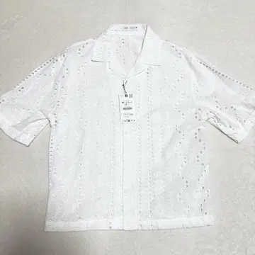새상품 ZARA 자라 레이스 패턴 반팔 오픈 카라 셔츠 M 화이트