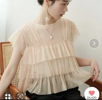 얇은 명주 프릴 프렌치 슬리브 상의 S [택 포함 새상품]