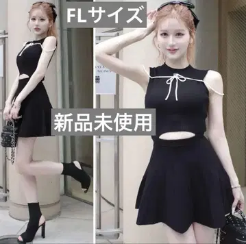 다리치 블랙 허리 오픈 스트링 니트 미니 원피스