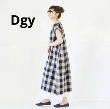 Dgy 체크 무늬 프렌치 슬리브 원피스 코튼 린넨 네이비 L
