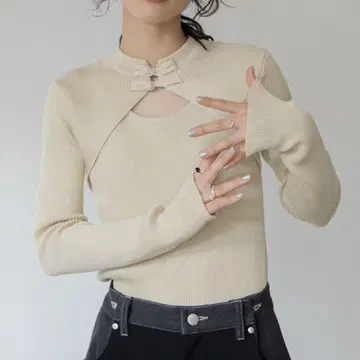 차이나 버튼 리브 니트