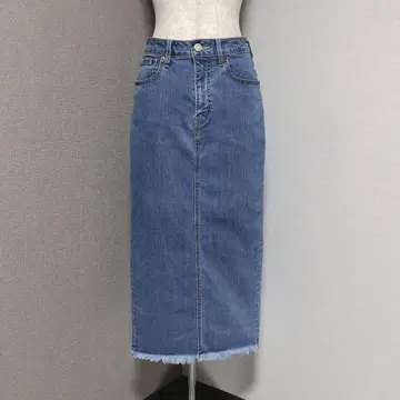 마우지 데님 타이트 롱 스커트 프린지