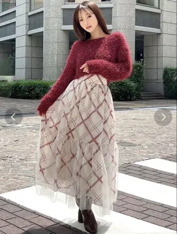 정가 12,100엔! 시어 체크 글리터 플레어 스커트