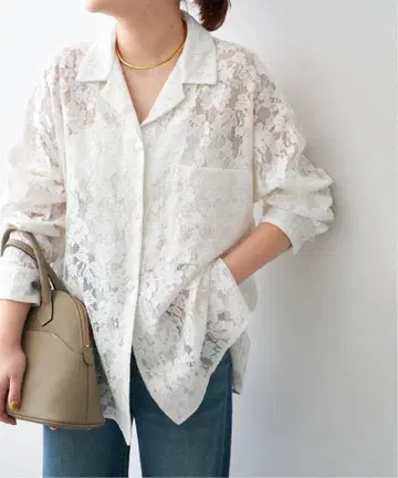 [ spick&span ] 레이스 오픈 카라 셔츠 화이트