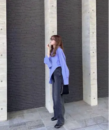 FRAY I.D 아시메 헴 슬릿 슬리브 셔츠 블루