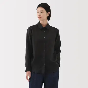 여성 린넨 워싱 레귤러 카라 긴팔 셔츠 s MUJI 블랙