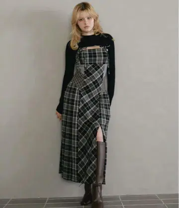 andmary Nadia check long dress black