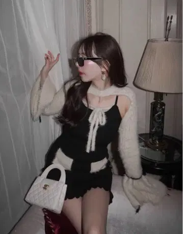 Amerge 아메르주 리본 페더 원피스 세트