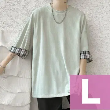 냉감 티셔츠 L 사이즈 남성용 민트 접어 올리기 체크 반팔 경량