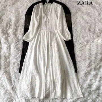 ZARA 컷워크 레이스 자수 롱 원피스 핀턱 티어드 XS