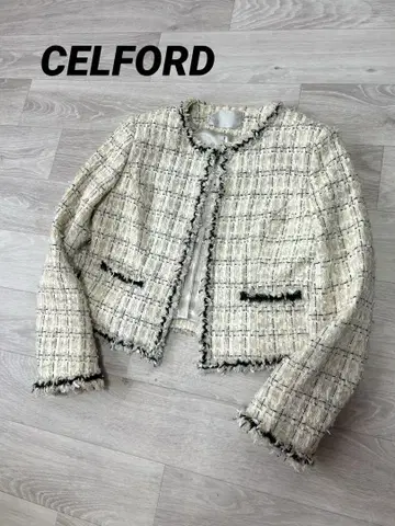 CELFORD 트위드 프린지 노카라 자켓 36