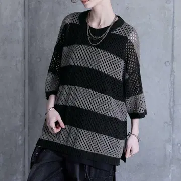SERACE 루즈 실루엣 시어 메쉬 반팔 니트 L 사이즈