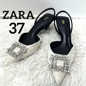 [ 새상품급 ] ZARA 비쥬 장식 백 스트랩 트위드 펌프스 37