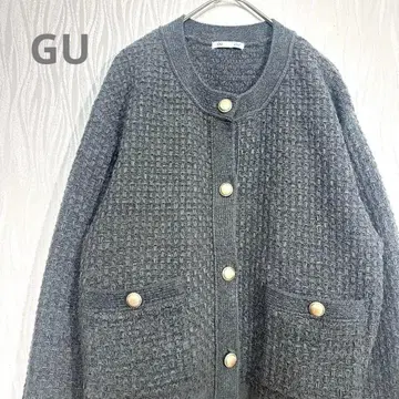GU 지유 더블 포켓 니트 자켓 그레이 L 골드 버튼
