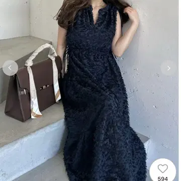 프레이 아이디 프린지 자카드 티어드 원피스 네이비