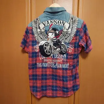 VANSON 데스 토끼 반팔 체크 셔츠 체크 무늬 자수