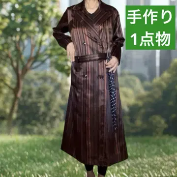 새상품급 핸드메이드 트렌치코트 L 상당 스트라이프 패턴 레인 대응 나일론