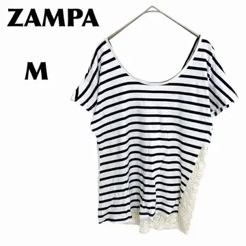 ZAMPA/잠파 [M] 반팔 티셔츠/티셔츠 보더 뒷면 레이스 리본
