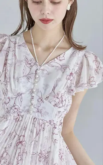 펄 장식 넥 리본 수채화 라인 플라워 플리츠 원피스 toccocloset