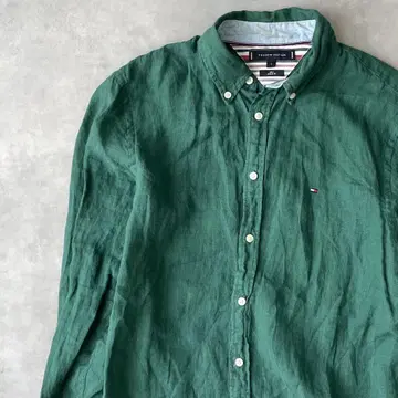13672 TOMMY HILFIGER 자수 로고 린넨 셔츠 그린 컬러