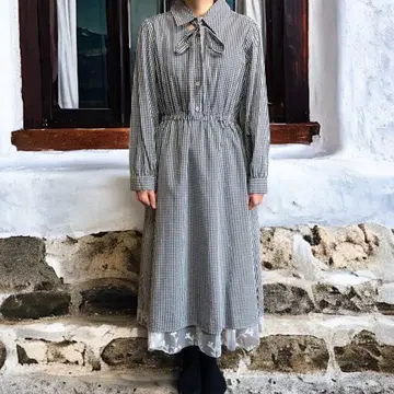 깅엄 체크 원피스 보타이 레이스 M 사이즈 상당