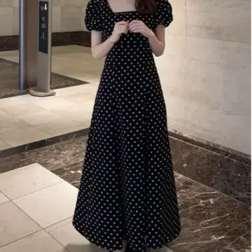 GRL [택 포함 미사용 새상품] 도트 무늬 벌룬 슬리브 플레어 원피스