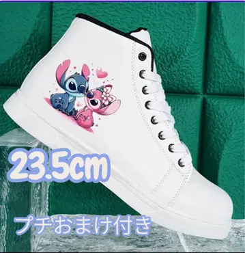 스티치와 엔젤 프린트 하이컷 스니커즈 화이트 23.5cm