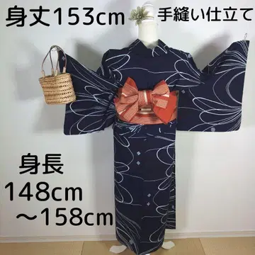 레트로 여성용 유카타 세트 기장 153cm 네이비 반폭 오비 브라운