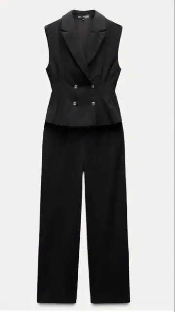 ZARA 블랙 더블 브레스트 슬리브리스 와이드 레그 점프수트
