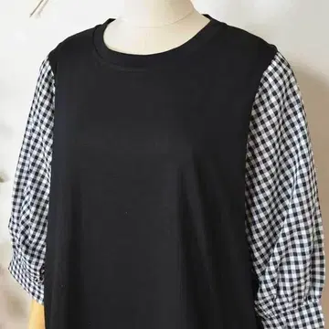 L~LL 빅 사이즈 깅엄 소매 절개 면 풀오버 여성용/블랙