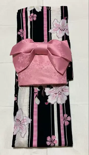 유카타 오비 세트 블랙 앤 핑크 꽃무늬 복조리