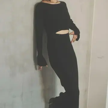 HANNE 안 2WAY 리브 니트 원피스 롱 긴팔 블랙 FREE