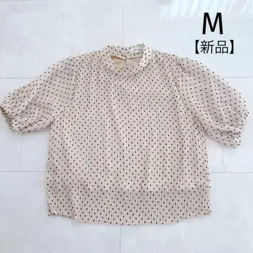 플리츠 시어 탑 반팔 블라우스 도트 베이지 하이넥