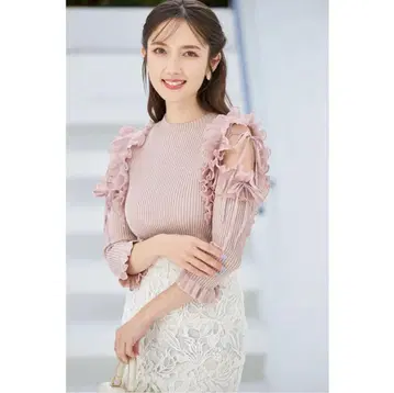 tocco closet 리본 쉬폰 플리츠 절개 리브 니트 풀오버