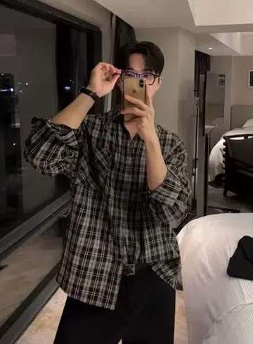 orun plaid 셔츠 한국 코디 블랙 계열 체크 긴팔 셔츠 남성용