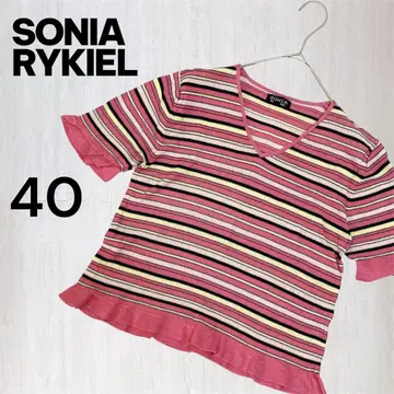 SONIA RYKIEL (소니아 리키엘) 보더 반팔 니트 프릴 숏 기장