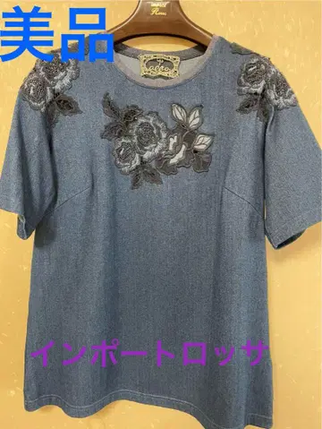 수입 로사 데님 블루 꽃무늬 자수 반팔 티셔츠 44