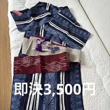 네이비 컬러 기하학 패턴 유카타 오비 머리 장식 세트, 고전적인 스타일