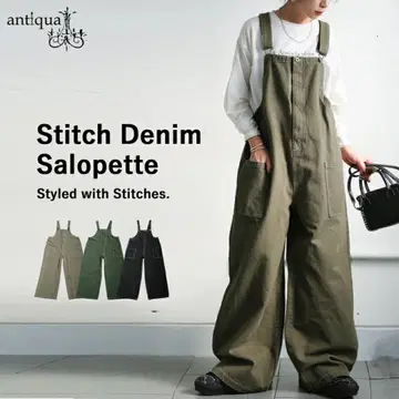 Stitch Denim Salopette 올리브색 Plus 사이즈