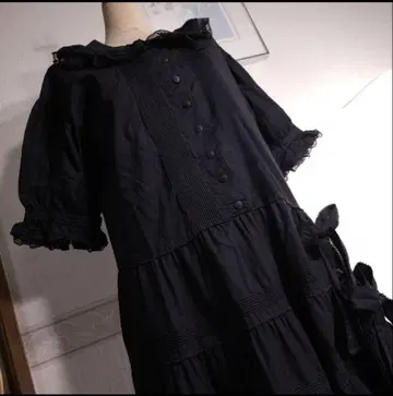 원더풀 월드 프릴 옷깃 반팔 로우웨스트 롱 원피스 블랙