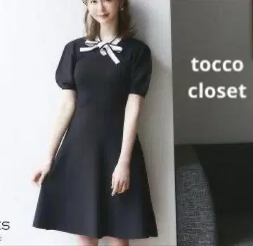 tocco closet 벌룬 소매 보타이 리본 배색 니트 원피스 블랙
