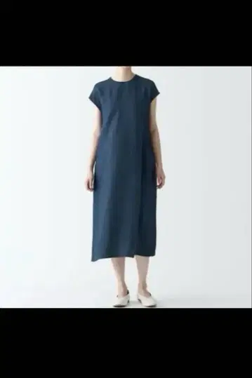 무인양품 헴프 워싱 프렌치 슬리브 원피스 린넨 블루 XL