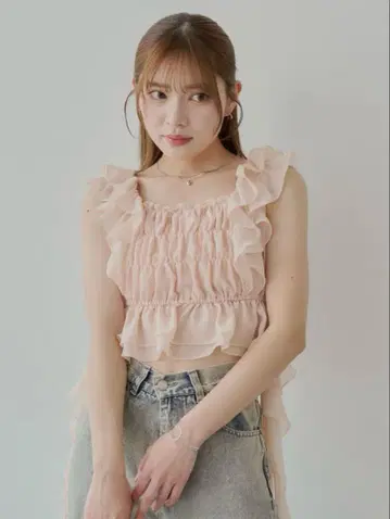 CHICO 레이스 드롭 프릴 셔링 블라우스 핑크 [정가 7040엔]
