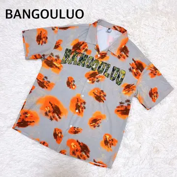 BANGOULUO 남성용 알로하 셔츠 반팔 셔츠 야자수 오렌지
